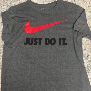 Nike Gray T-Shirt with Red Swoosh and Black Text